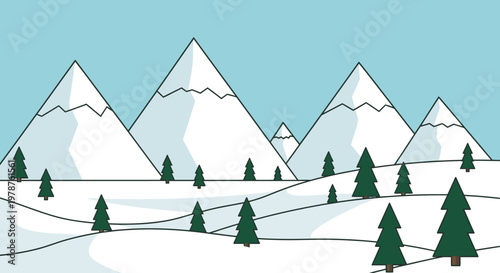 Winter landscape scene with snowy mountains and evergreen trees illustration
