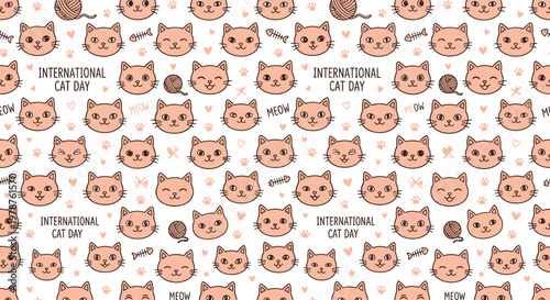 Seamless pattern of cute cartoon cat faces with various expressions and text "international cat day" seamless expression illustration background typography greeting celebration domestic