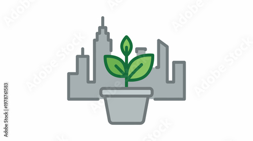 Urban Farming Icon with Plant and City Background Vector icon showing sustainable food growing in urban environments