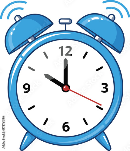 Alarm clock icon, ringing bells, blue design, punctuality symbol, time management graphic, wake up illustration, classic analog style