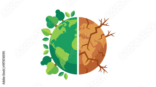 Split Earth Icon Showing Climate Contrast Minimal vector icon illustrating environmental balance and climate change impact