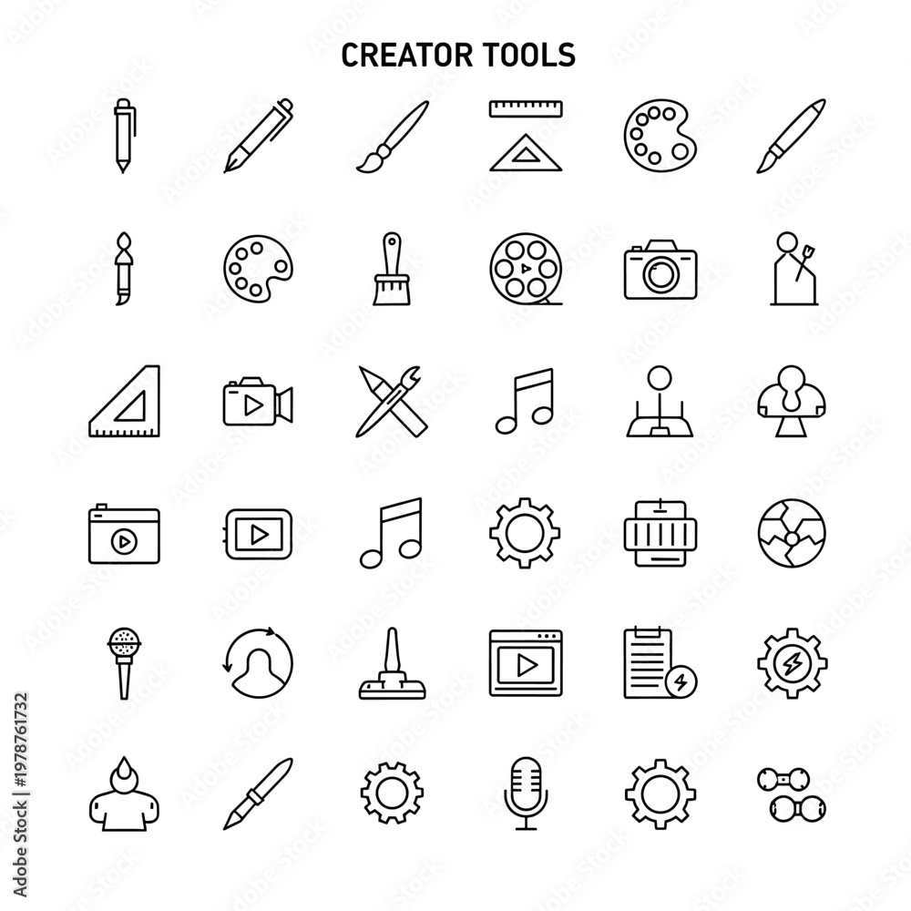 Fototapeta premium A comprehensive collection of line art icons representing various creator tools for design, media production, and digital content creation.