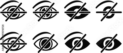 Hidden eye icon set, visibility off, private symbol, digital interface design, slash through eye, privacy graphic, modern UI element