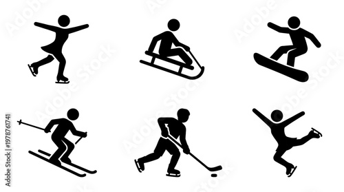 Set of 6 outline winter sports athlete pictogram vector icons black white