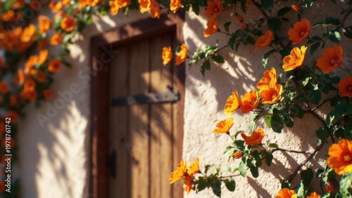 Sunlit orange flowers climb a weathered stone wall