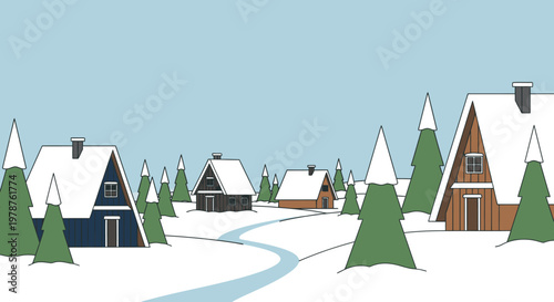 Winter village scene snow covered houses and evergreen trees under a blue sky