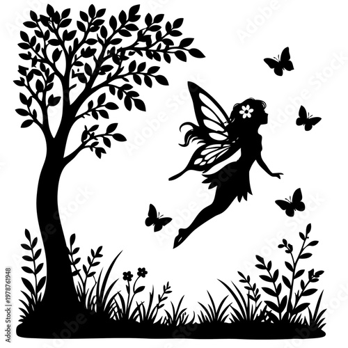black silhouette of fairy flying near tree with butterflies