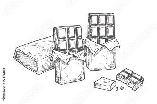 Hand drawn chocolate bars unwrapped and broken pieces