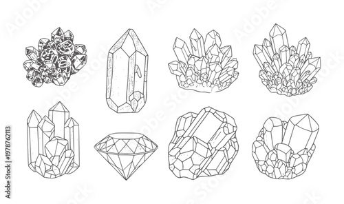 Collection of hand drawn crystal clusters and faceted diamond gemstone