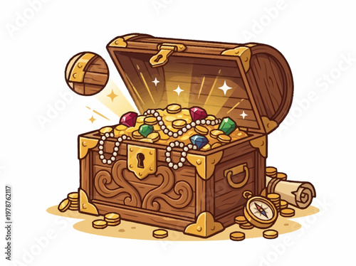 An overflowing treasure chest filled with gold coins, jewels, and pearls, with a compass and scroll nearby.