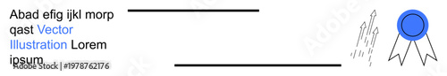Education, achievement awards, certification, celebration, branding, quality assurance. Blue ribbon icon paired with text and minimalist details. Achievement and certification concept