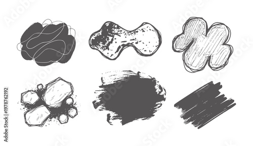 Six hand drawn dark grey abstract shapes and textures white