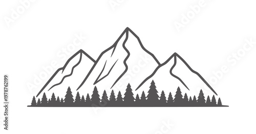 Stylized dark grey mountain range with pine trees silhouette mountains peaks