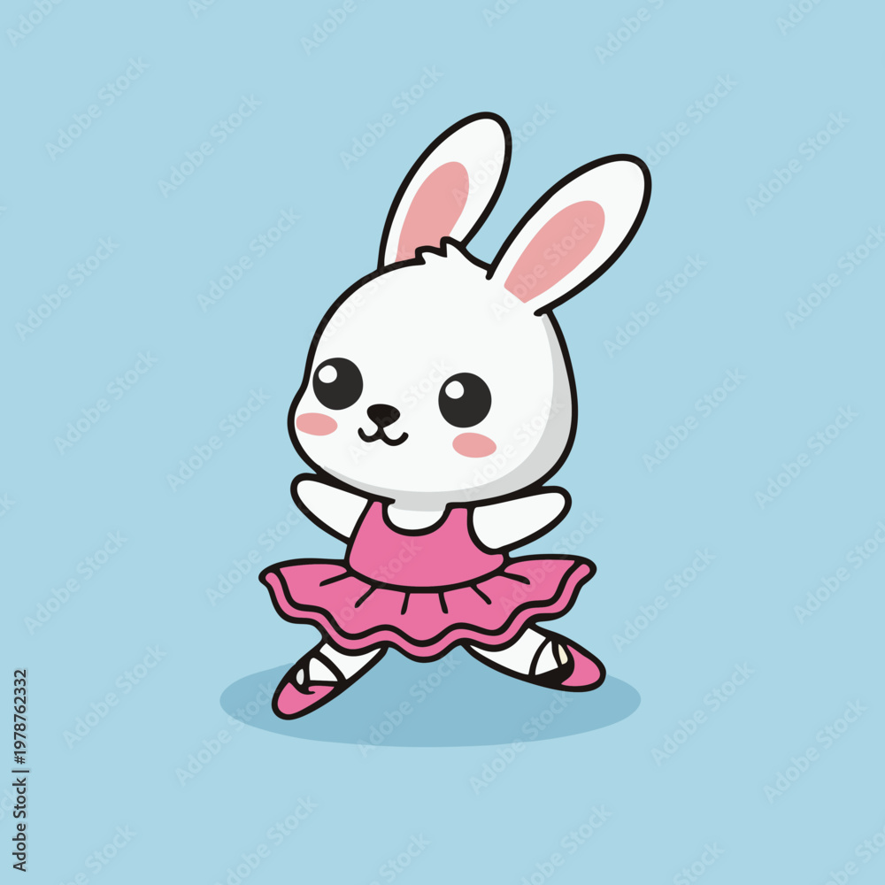 Fototapeta premium Cute white bunny character performing ballet in a pink tutu and pointe shoes. Whimsical artistic illustration perfect for joyful children's designs
