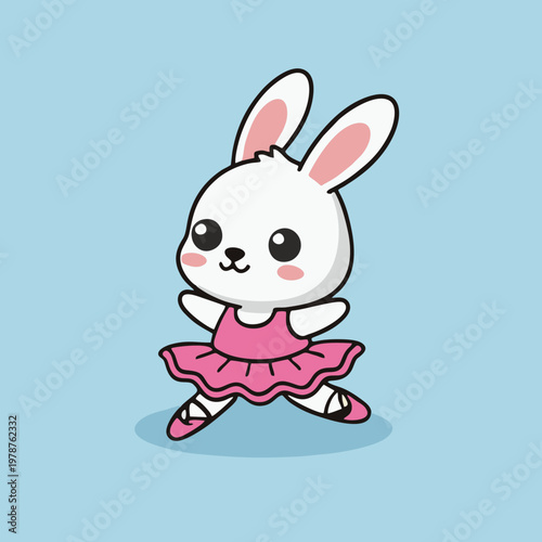 Cute white bunny character performing ballet in a pink tutu and pointe shoes. Whimsical artistic illustration perfect for joyful children's designs