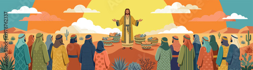 Colorful flat vector illustration of Jesus Christ performing the miracle of the feeding of the five thousand with bread and fish for a large crowd in the desert under a bright large sun
