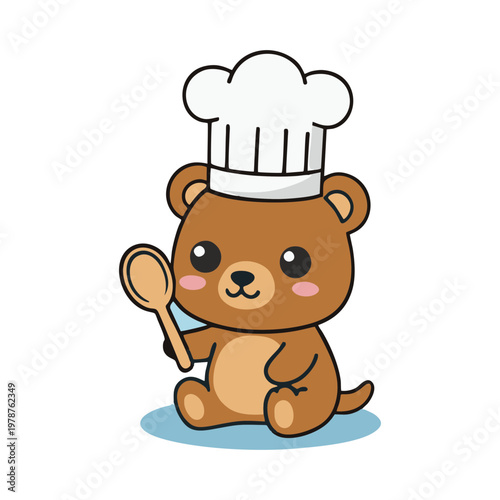Cute cartoon bear chef holding a wooden spoon, ideal for culinary themes and children's content