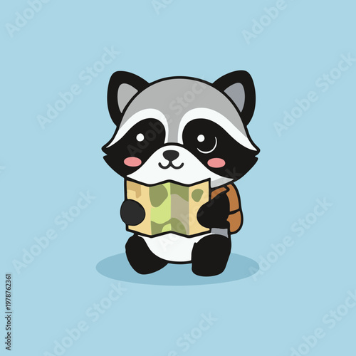Cute cartoon raccoon explorer holding a map and wearing a backpack ready for adventure