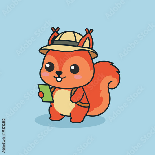 Adorable cartoon squirrel character, an adventurous forest explorer wearing a safari hat and backpack, ready for a fun journey. Cute animal mascot illustration