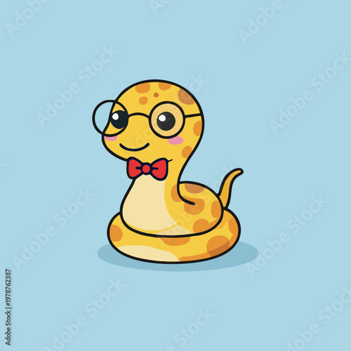 Cute cartoon snake wearing glasses and a bow tie, illustrated in a charming and playful style