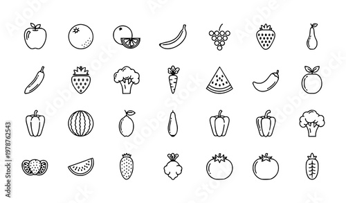 fruit, vegetable, food, healthy, organic, vegan, vegetarian, nutrition, apple, banana, citrus, lemon, orange, leaf, greens, carrot, tomato, icon, outline, line, thin, minimal, modern, circle, layout, 
