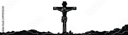 Silhouette of Jesus Christ on the cross on Golgotha hill for Good Friday and Easter religious concepts isolated on white background with high contrast black and white vector illustration art