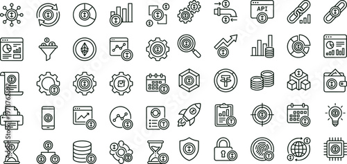 Financial technology analytics API integration outline icon set with blockchain monitoring automation security data dashboard symbols for web apps interfaces