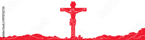 Red linear illustration of Jesus Christ crucified on a cross over abstract red formations, isolated on white background, symbolizing Christian sacrifice and faith for Good Friday and Easter designs