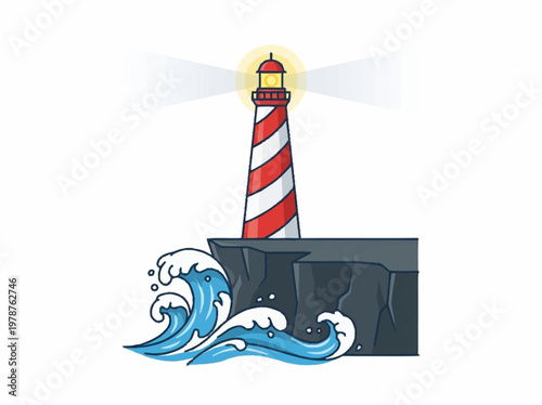 A tall, red and white striped lighthouse stands on a rocky cliff overlooking the ocean with waves crashing against the shore.