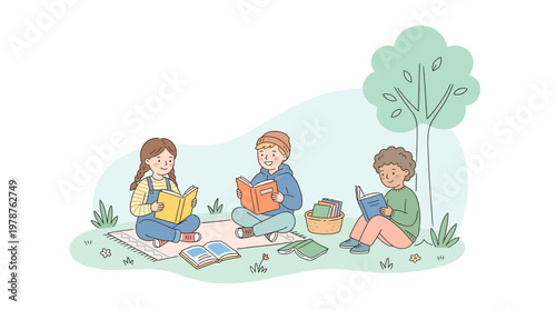 Children enjoy an International Book Day outdoors with illustration reading