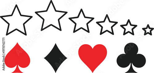 Star Rating Icon Set with Playing Card Suits Including Heart Diamond Club and Spade Symbols for Game Design Casino Apps and Quality Feedback Interfaces