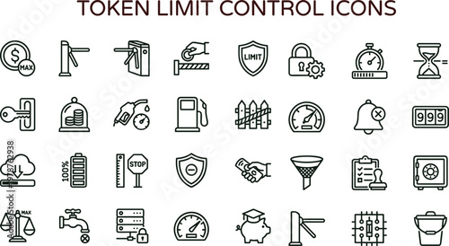 Token limit control outline icon set with security restriction monitoring regulation access management symbols for dashboards apps web financial technology interfaces