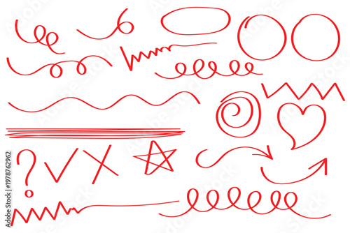 Hand drawn pen line highlight red set. Line red hand drawn pen marker stroke underline, arrow, check mark emphasis. Round oval, circle scribble frame, arrow elements . Line pen hand drawn marker .