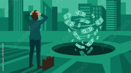 Businessman in distress watching money swirl into a drain in a city
