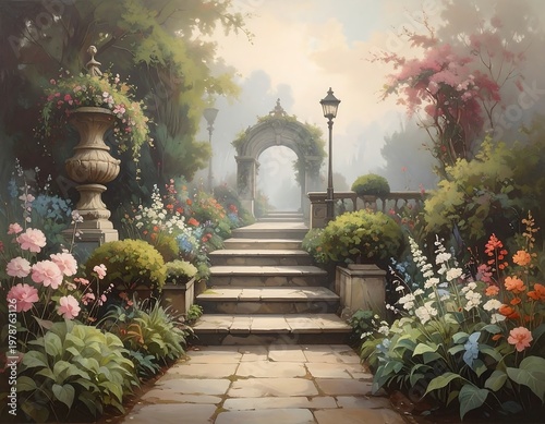 Serene Garden Pathway Leading to an Enchanting Archway in Misty Sunlight.