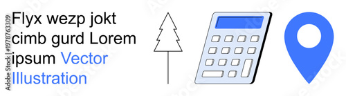 Navigation, nature, finances, planning, digital tools, data presentation. Minimalist design with a tree, calculator and map pin alongside placeholder text. Navigation and finances concept