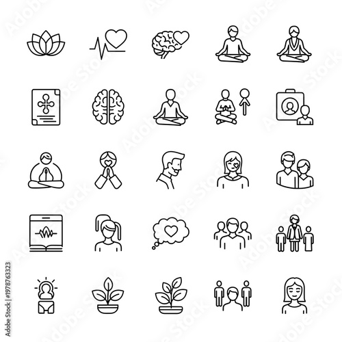 A comprehensive collection of line icons representing various aspects of mental health, meditation, personal growth, and human well-being.