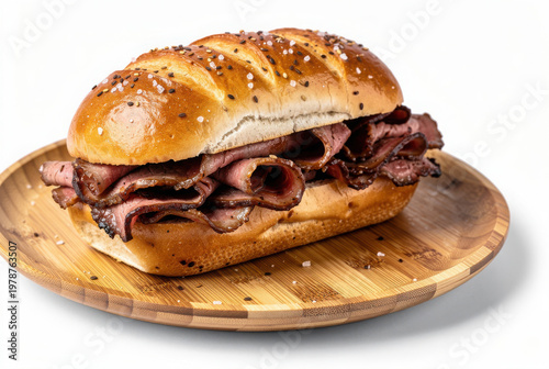 Beef on Weck Sandwich on Bamboo Plate 35 Degree Angle Isolated on White Background Studio Shot