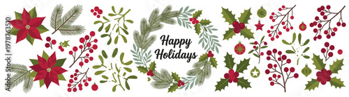 Set of detailed watercolor Christmas botanical elements featuring red poinsettia holly mistletoe fir branches berries and a central Happy Holidays wreath for holiday designs isolated on white