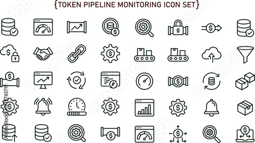 Token pipeline monitoring outline icon set for analytics dashboards applications interfaces workflow automation tracking and digital finance technology systems