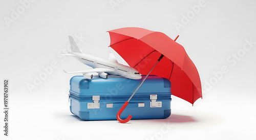 Conceptual representation of travel insurance covering a suitcase with an airplane and umbrella symbolizing protection