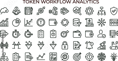 Token workflow analytics outline icon set for dashboards applications interfaces cryptocurrency monitoring tracking automation and digital finance technology systems