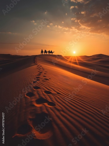A golden sunset glows over the hot Sahara desert dunes as the sun meets the horizon in a vast, dry landscape of yellow sand and summer heat under a cloudy sky
