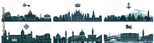 Set of Italian city skyline silhouettes including Rome Milan Naples Turin Florence and Venice with iconic landmarks and symbols for travel and tourism graphic concepts isolated on white