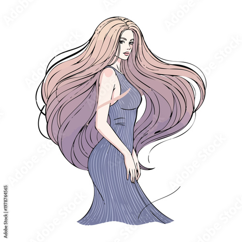 Elegant Woman with Flowing Long Blonde Hair in Striped Dress, Posed Confidently