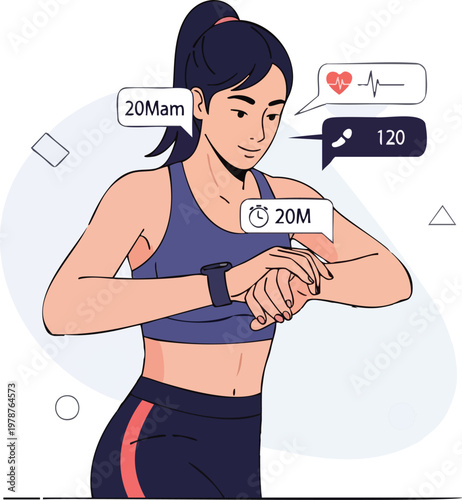Fit woman checking smartwatch for workout stats and heart rate during exercise