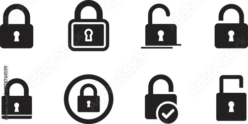 Collection of black lock icons in various styles and states representing security and protection