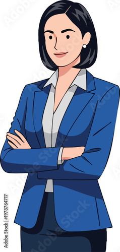 Confident businesswoman in a blue suit with arms crossed, studio illustration