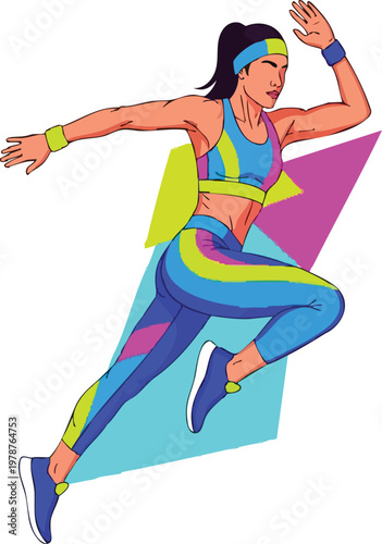 Woman running in vibrant retro athletic wear, dynamic pose, 80s fitness style