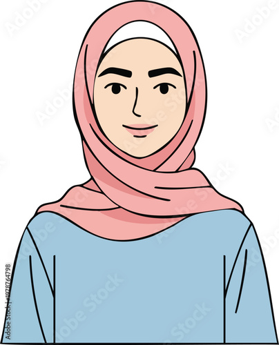 Illustration of a young Muslim woman wearing a pink hijab and blue shirt, smiling gently
